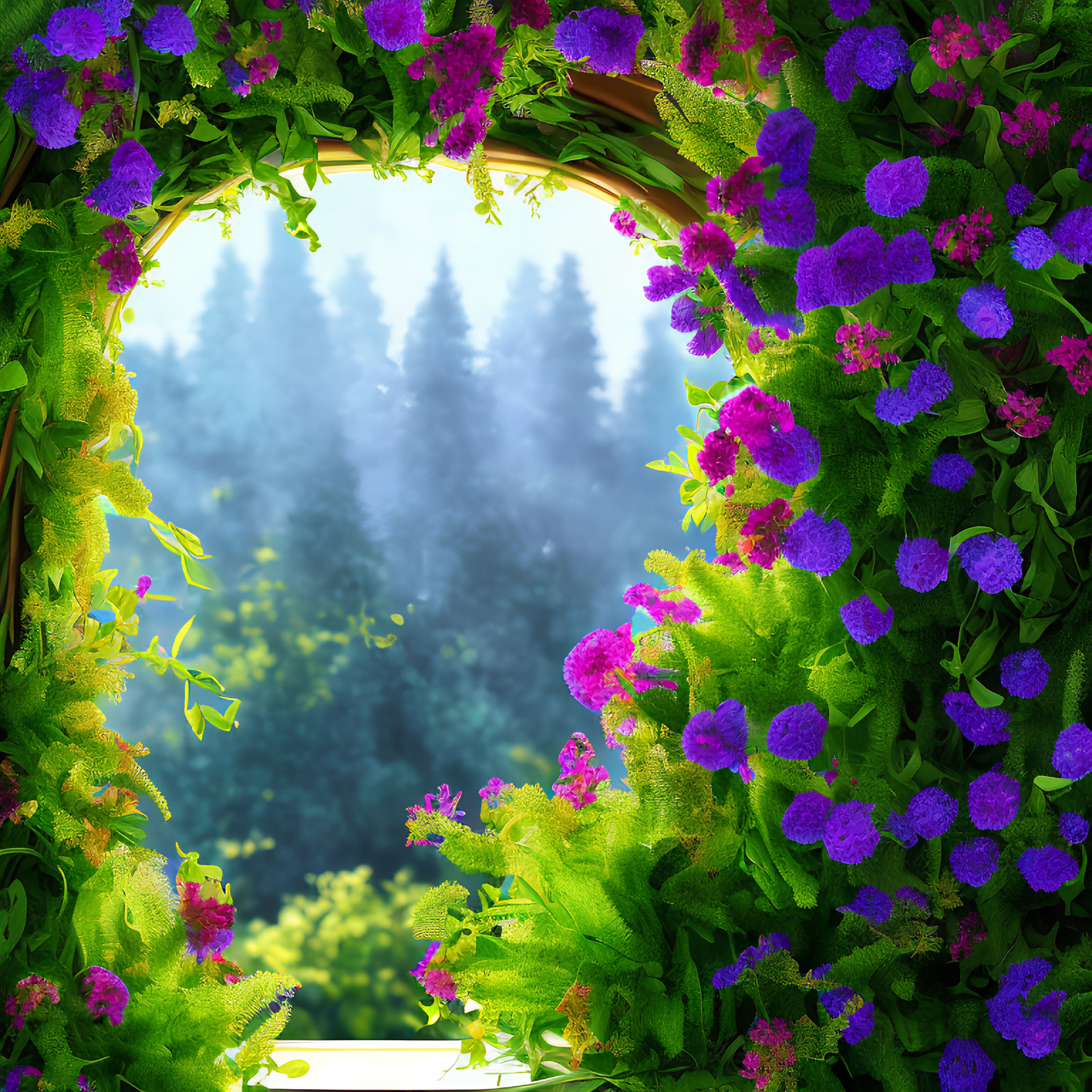 Circular floral archway frames misty green forest with purple flowers.