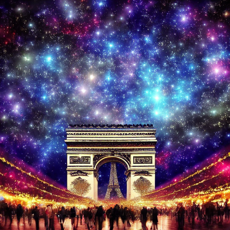 Iconic Arc de Triomphe under starry galaxy sky with bustling crowd and golden lights