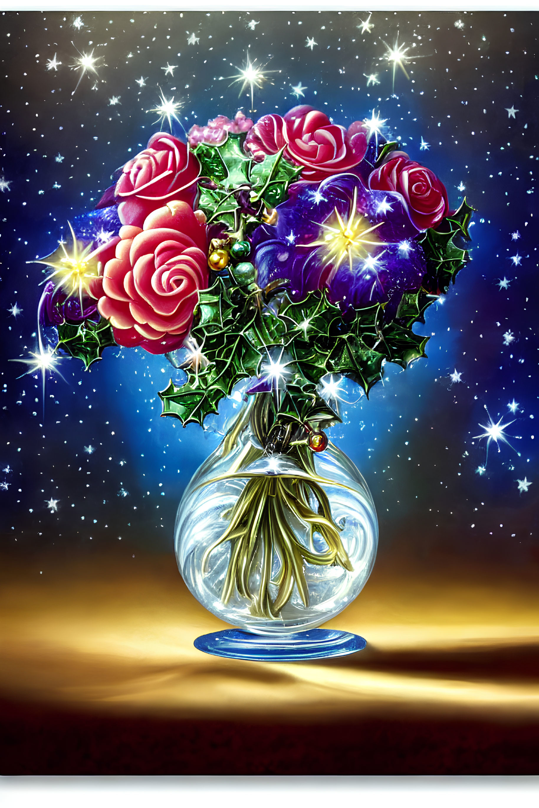 Colorful Rose Bouquet in Glass Vase under Starry Night Sky