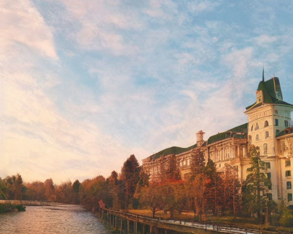 Historic riverside building with green roof at sunset amidst autumn trees and pastel sky