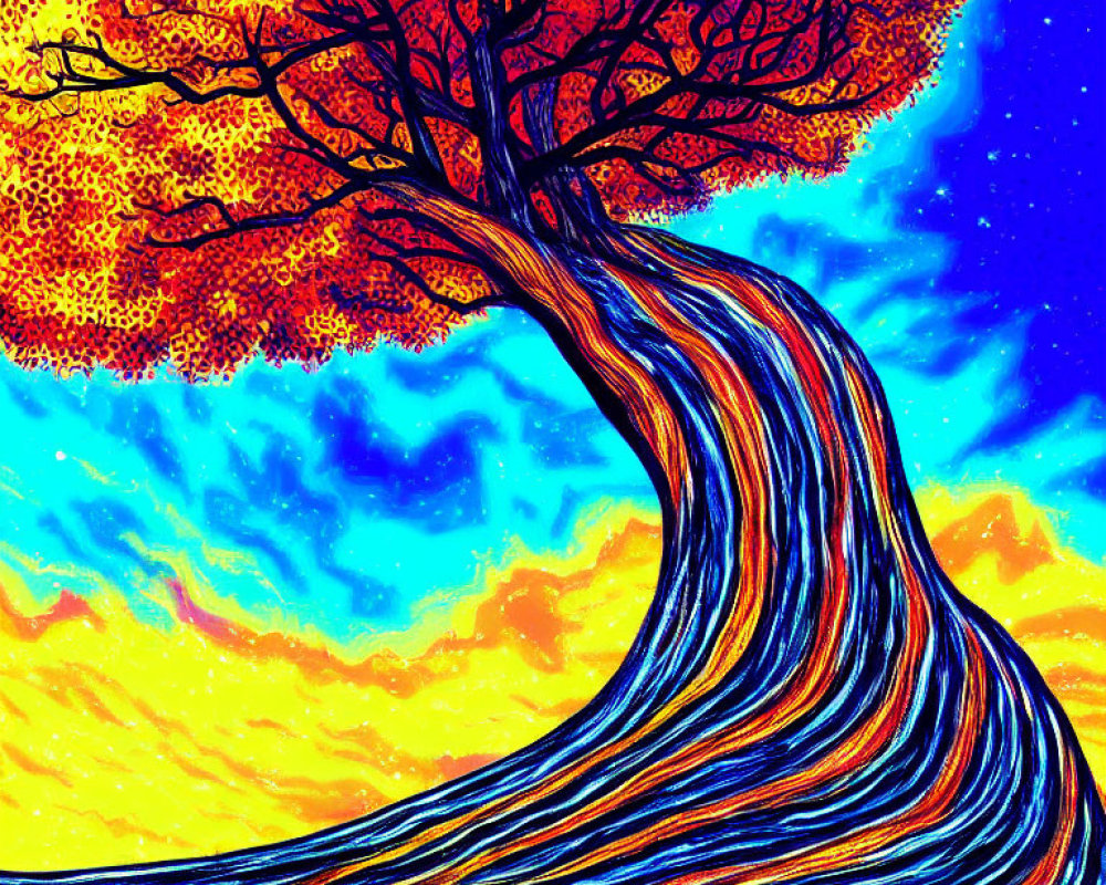 Colorful Psychedelic Tree Illustration Against Starry Sky and Clouds