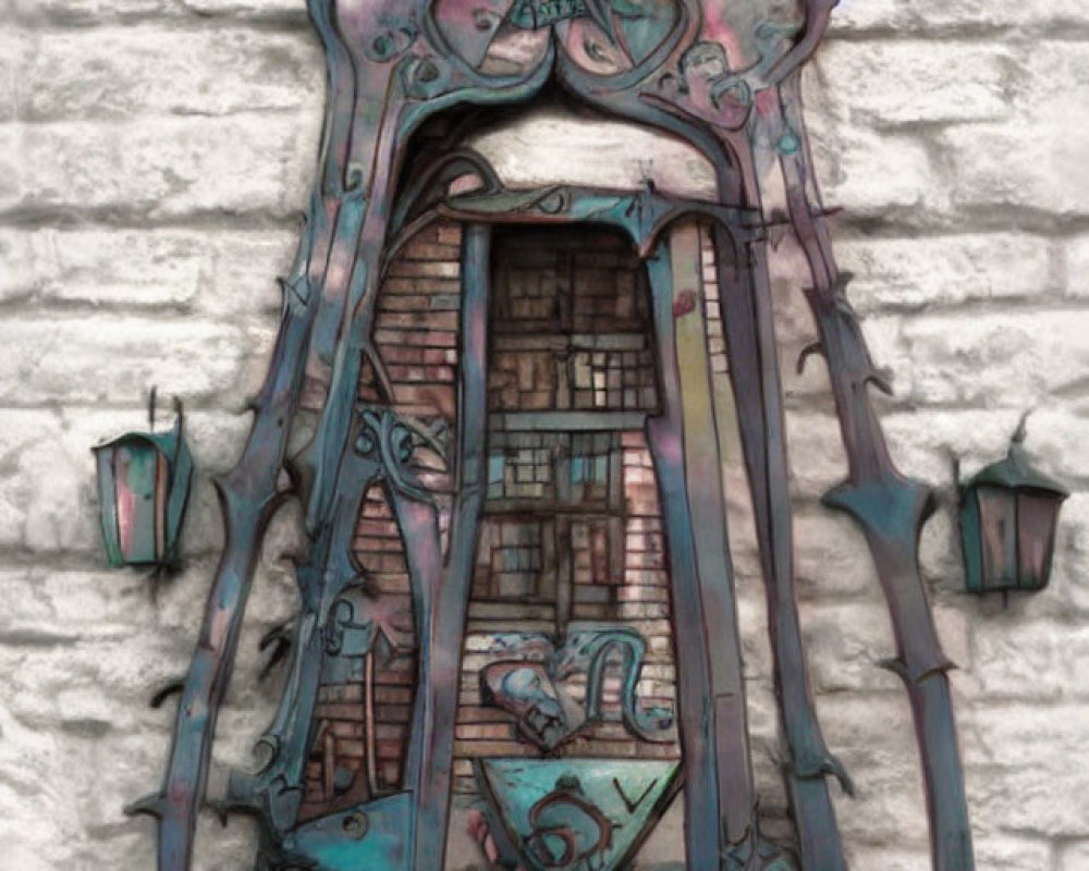 Intricate Art Nouveau style window with lanterns on pale brick wall