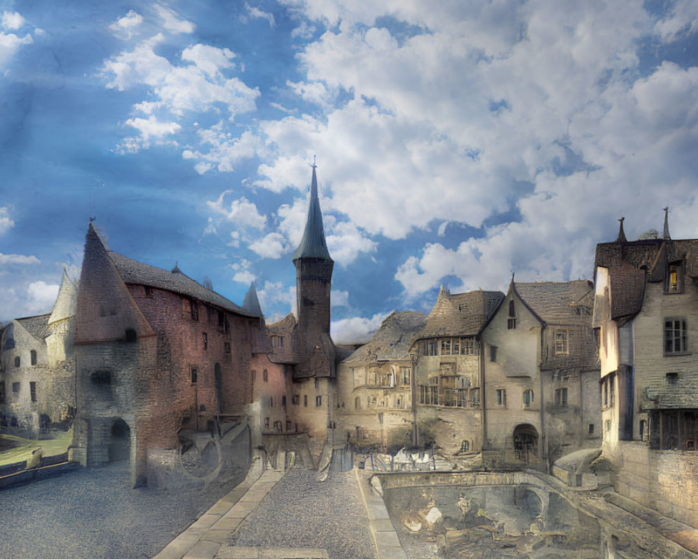 Medieval cobblestone street with traditional houses and towering spire under dramatic sky