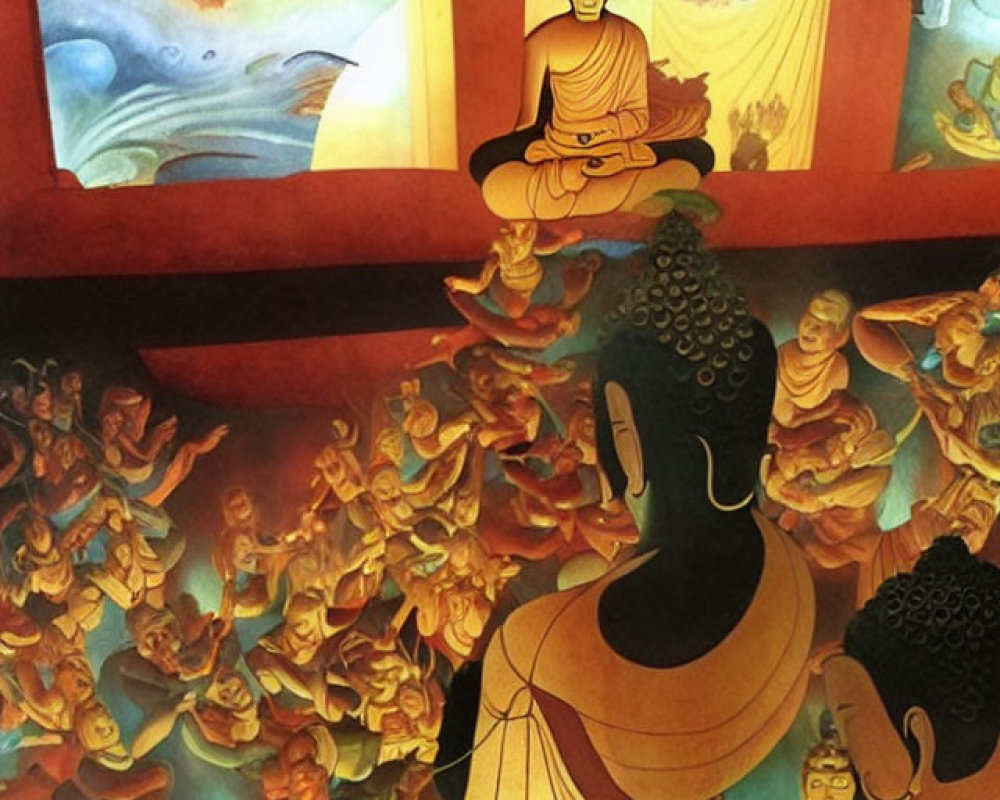 Colorful Buddhist mural featuring black Buddha statues and celestial beings under radiant sun