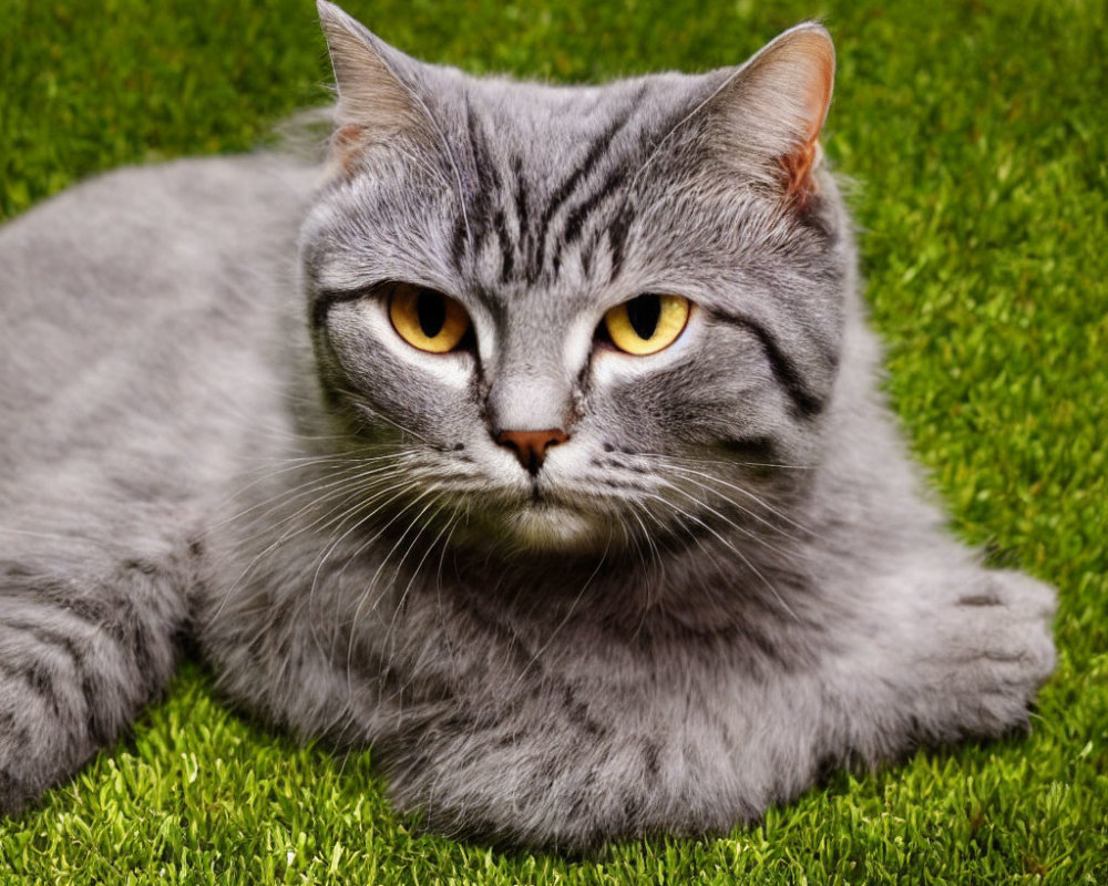 Gray Striped Cat with Yellow Eyes on Green Artificial Grass