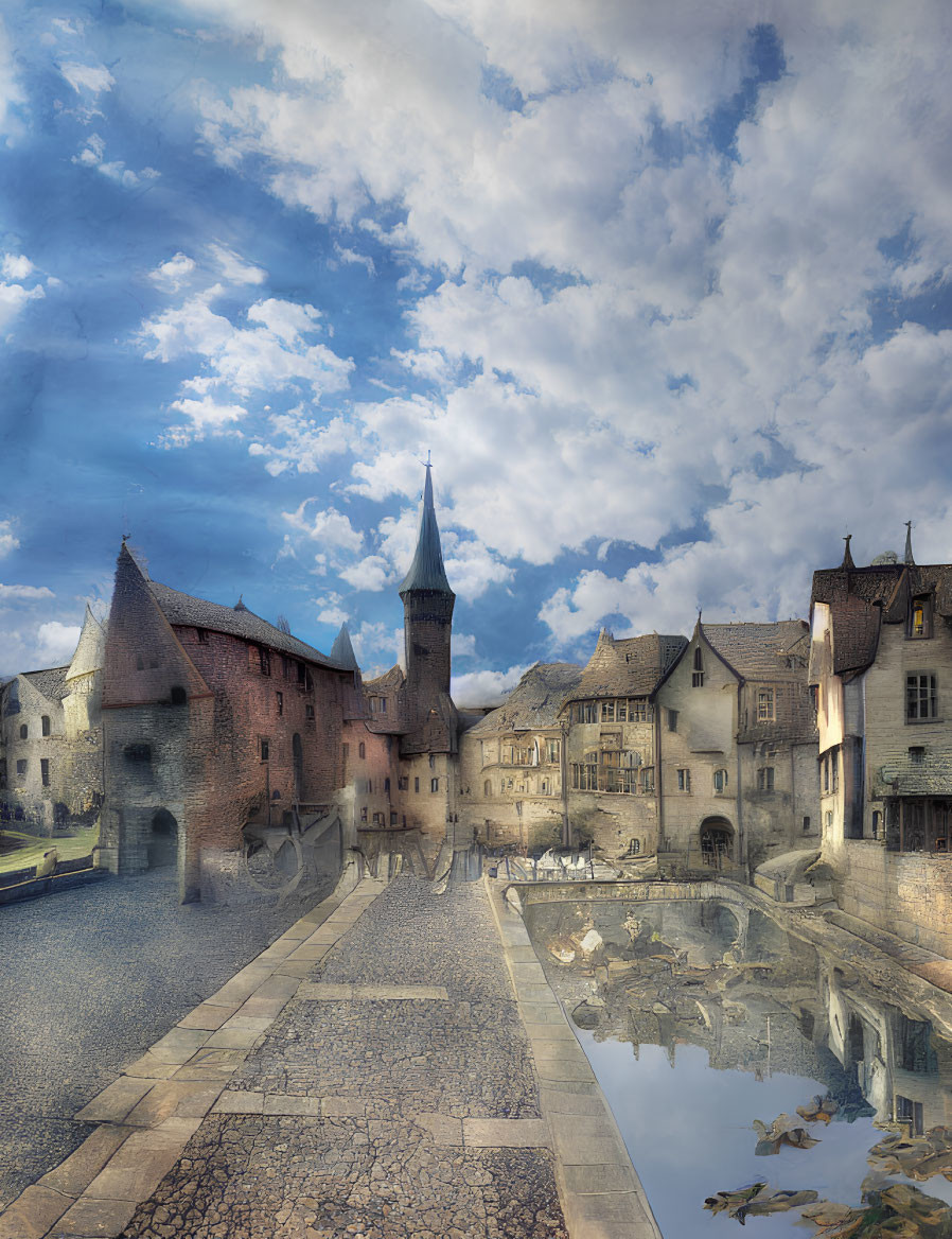 Medieval cobblestone street with traditional houses and towering spire under dramatic sky