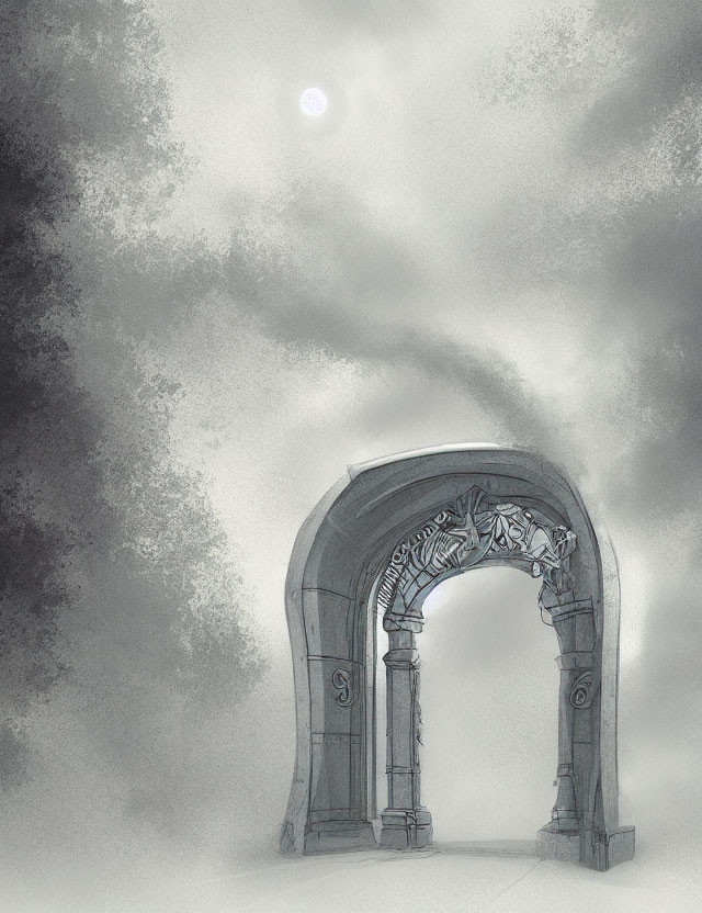 Stylized stone archway with intricate carvings in misty setting