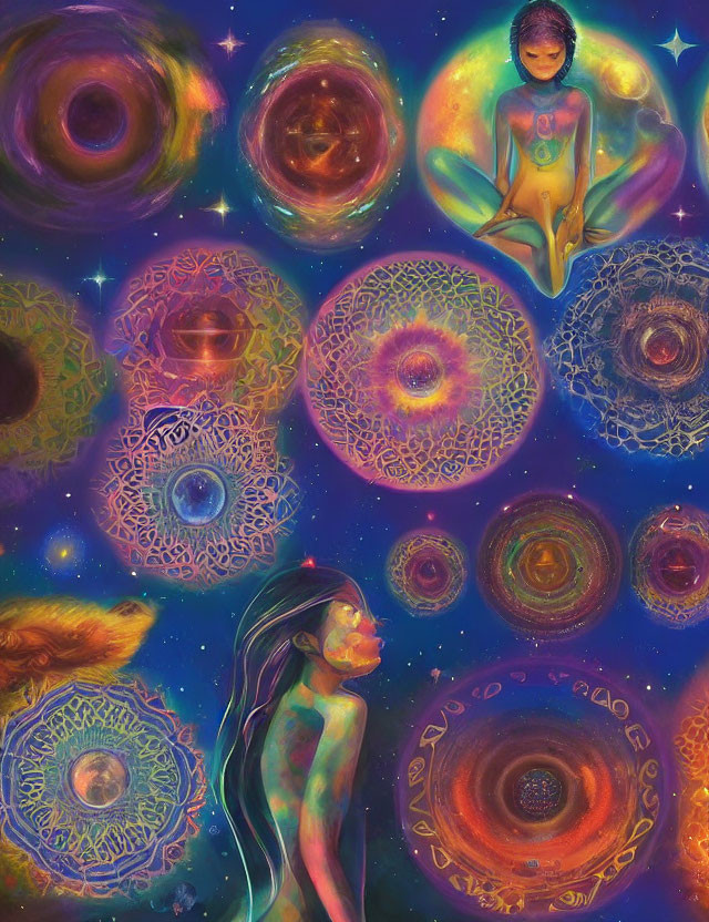 Cosmic mandala art with human figures in mystical setting