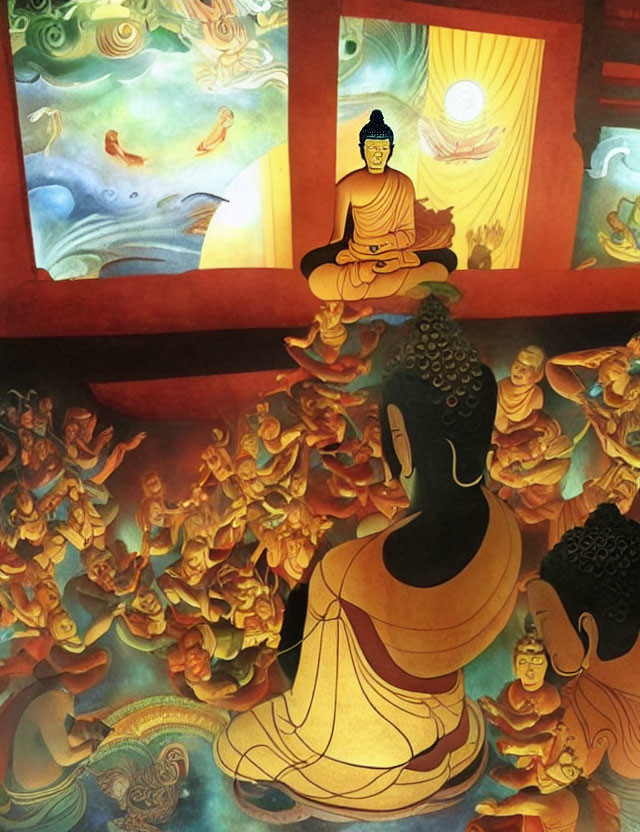 Colorful Buddhist mural featuring black Buddha statues and celestial beings under radiant sun