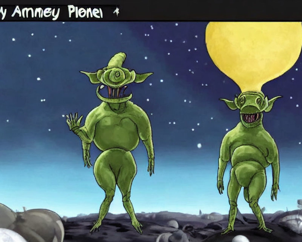 Two green alien characters with oversized heads waving under a starry sky and large yellow moon on rocky terrain