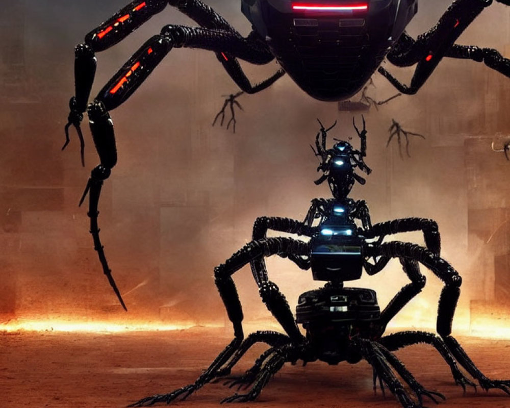 Two robotic spiders in a dusty setting: large red-eyed spider behind, smaller one with blue lights in