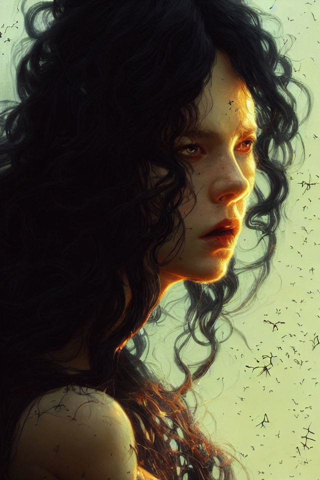 Portrait of woman with curly black hair and fair skin under sunlight with flying insects.