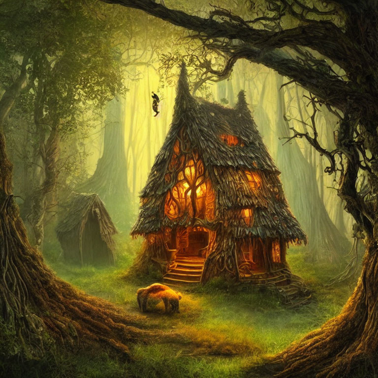 Enchanting forest scene with fairytale cottage, child swinging, and pig.