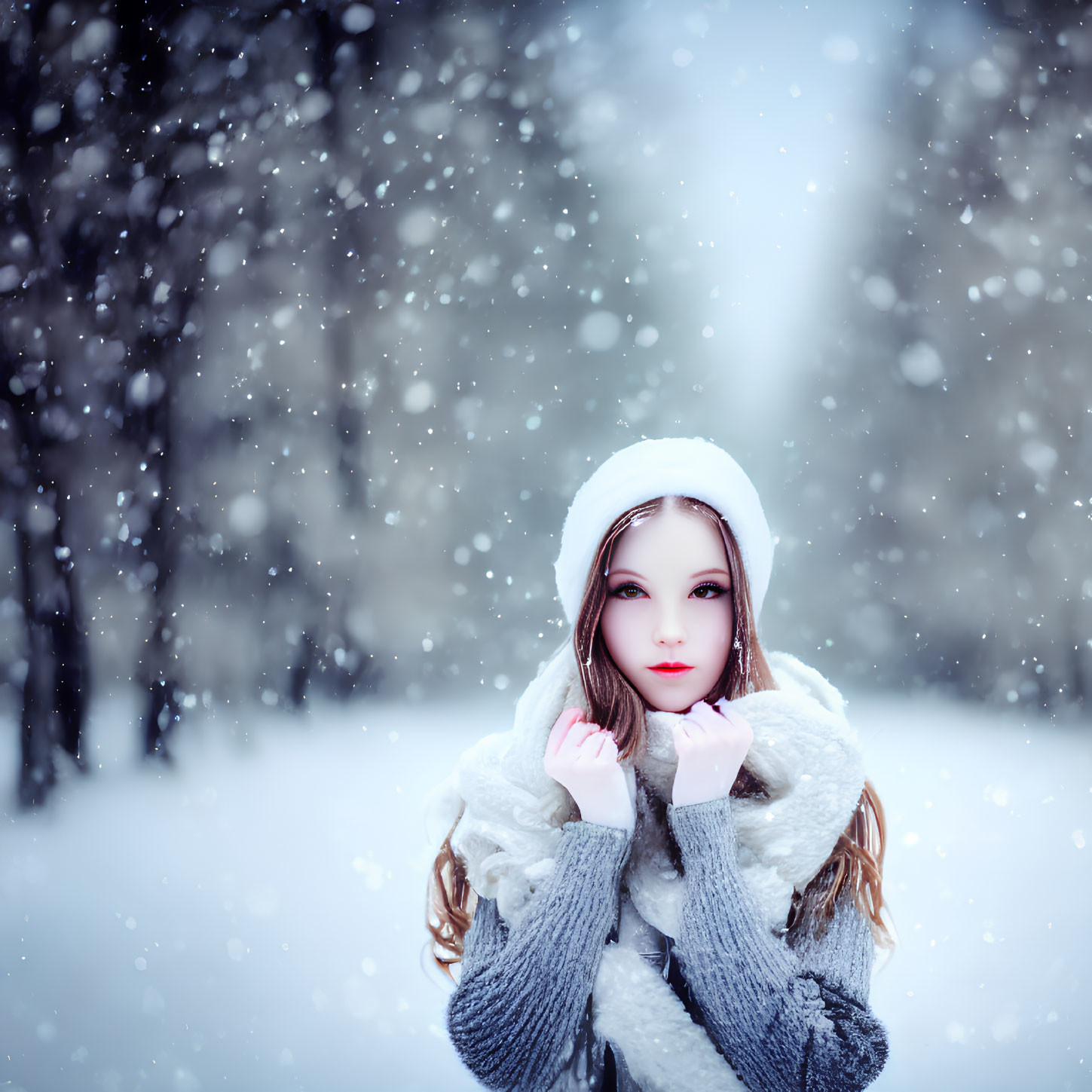 Person in white hat and scarf in snowy forest scene.