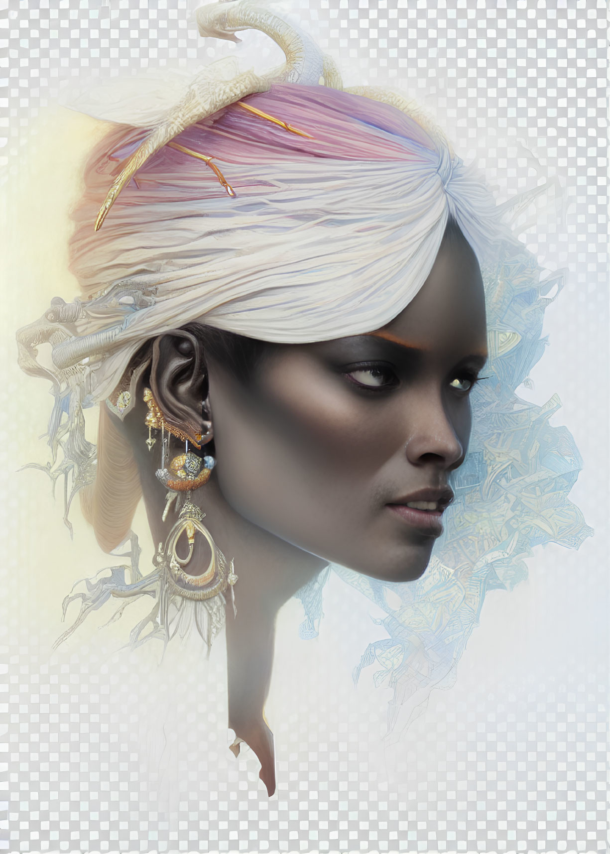 Digital artwork featuring woman with dark skin, white headscarf, gold earrings, and fantastical creature