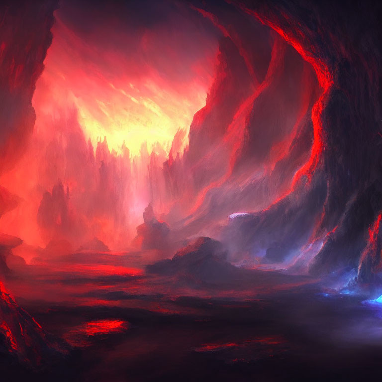 Vivid illustration of fiery cavern with red and orange hues