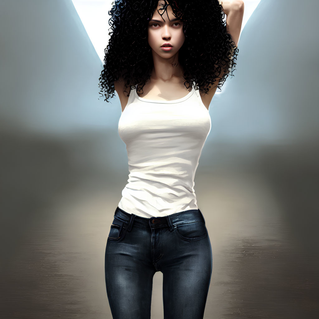 Digital artwork of woman with curly hair in white tank top and blue jeans under light beams