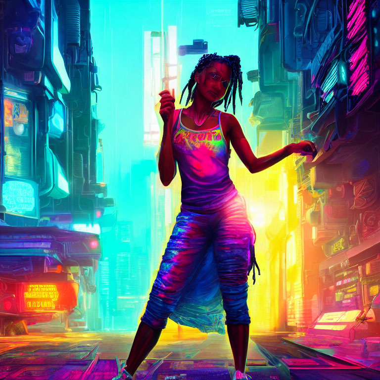 Confident person with dreadlocks in colorful outfit in neon-lit futuristic cityscape