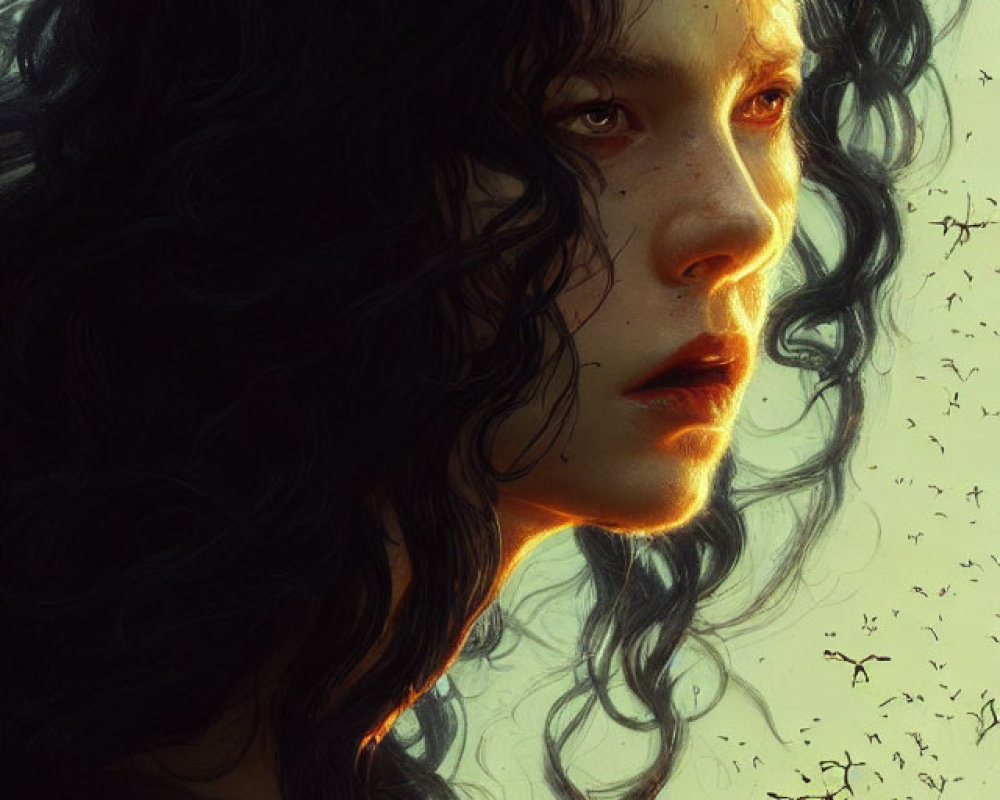 Portrait of woman with curly black hair and fair skin under sunlight with flying insects.