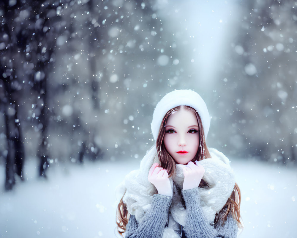 Person in white hat and scarf in snowy forest scene.