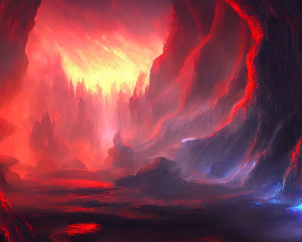 Vivid illustration of fiery cavern with red and orange hues