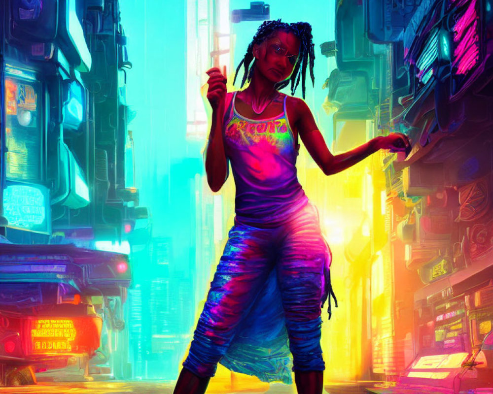 Confident person with dreadlocks in colorful outfit in neon-lit futuristic cityscape