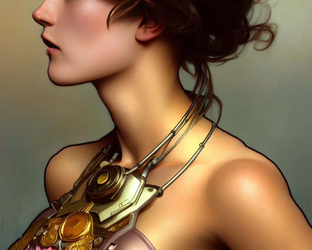 Brown-haired woman in profile wearing futuristic golden neckpiece with pink flowers