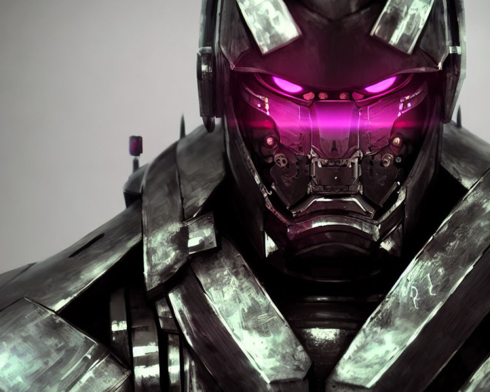 Futuristic robotic suit with metallic finish and purple glowing eyes