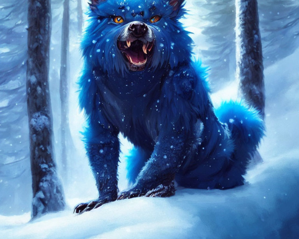 Blue wolf with piercing eyes in snowy forest exudes mystical presence