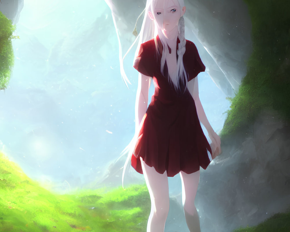 White-Haired Anime Girl in Red Dress in Sunlit Cave Scene