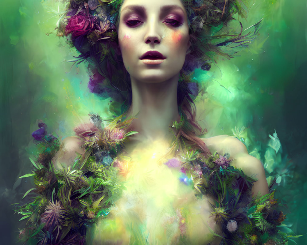 Stylized image: Woman with vibrant flower wreath in misty green backdrop