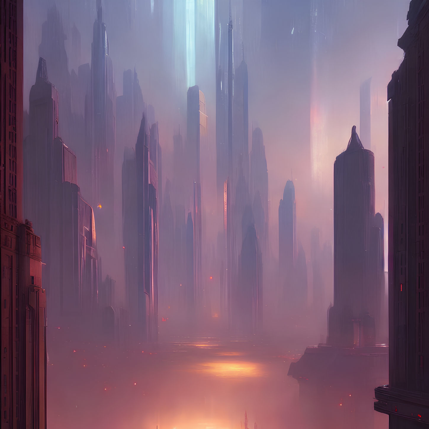 Futuristic crimson-lit cityscape with misty skyscrapers at dusk