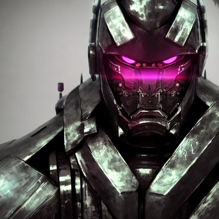 Futuristic robotic suit with metallic finish and purple glowing eyes