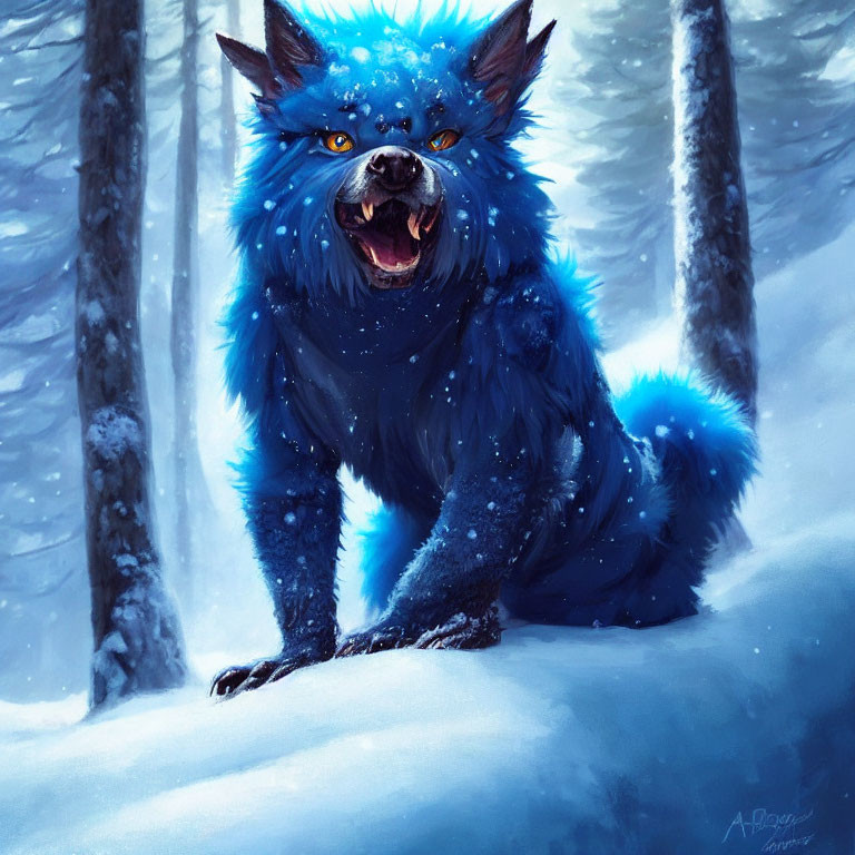 Blue wolf with piercing eyes in snowy forest exudes mystical presence