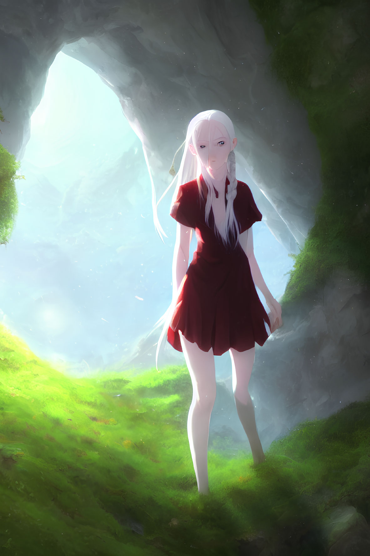 White-Haired Anime Girl in Red Dress in Sunlit Cave Scene