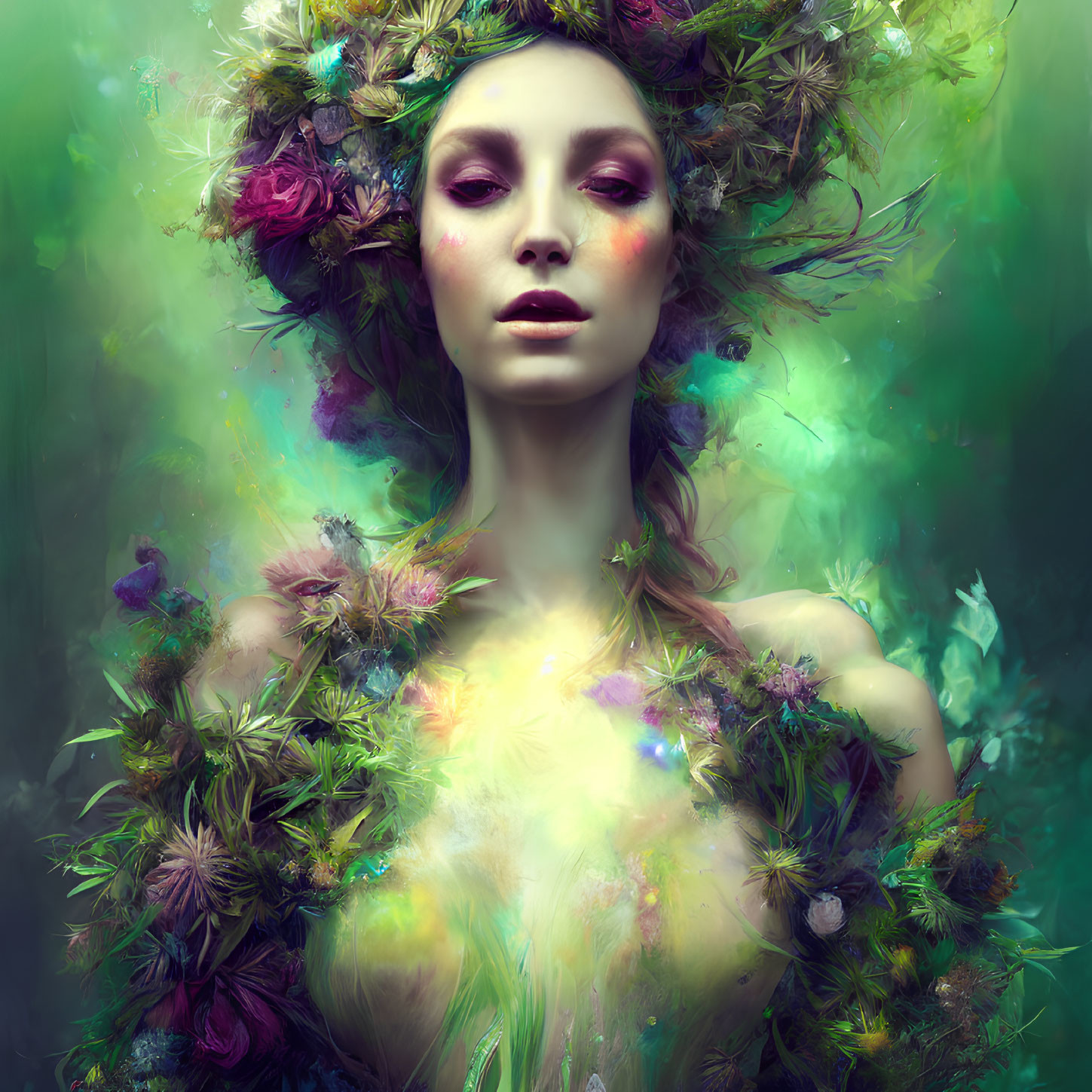 Stylized image: Woman with vibrant flower wreath in misty green backdrop