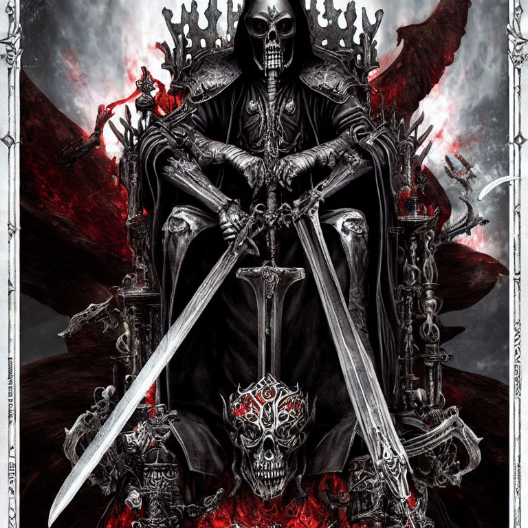 Sinister skeletal figure on throne with swords, dark clouds, and red highlights