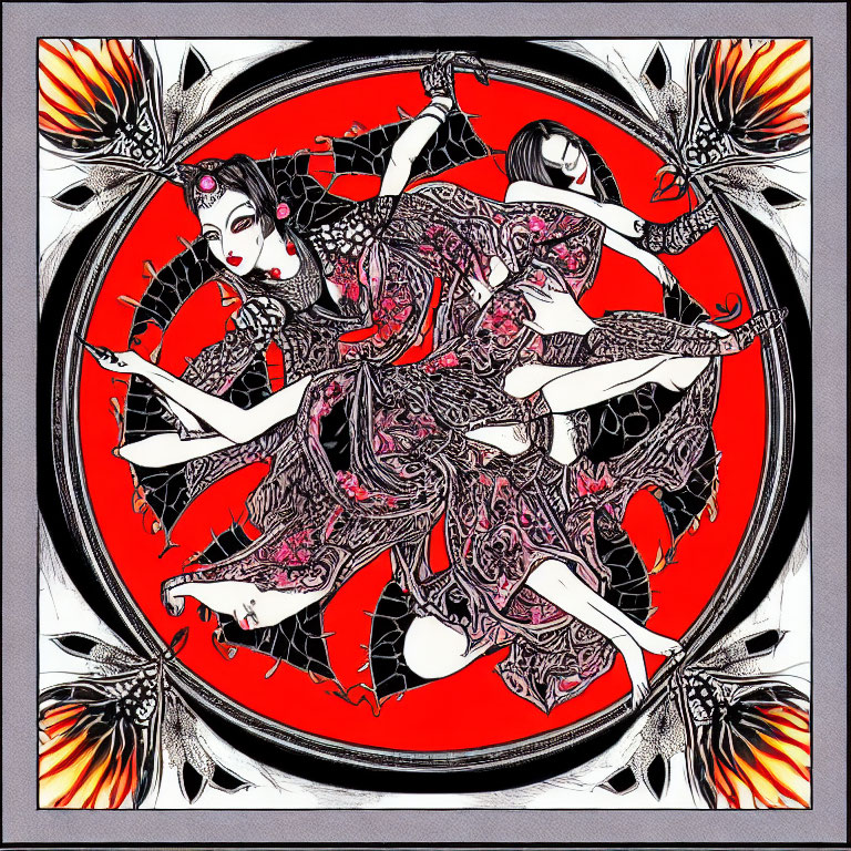 Symmetrical figures in elaborate dresses dance against red circle backdrop