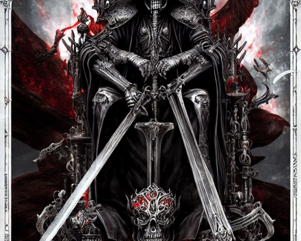 Sinister skeletal figure on throne with swords, dark clouds, and red highlights