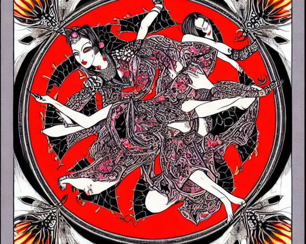 Symmetrical figures in elaborate dresses dance against red circle backdrop