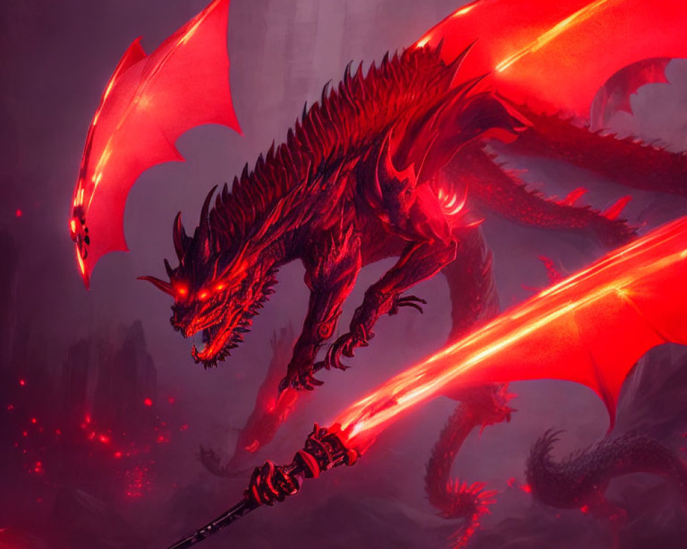 Red Dragon with Spear in Ominous Landscape