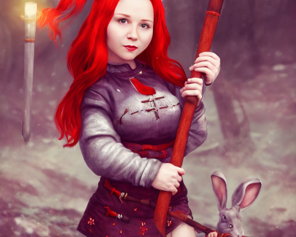 Red-haired person with bunny ears in foggy woodland with torch and staff