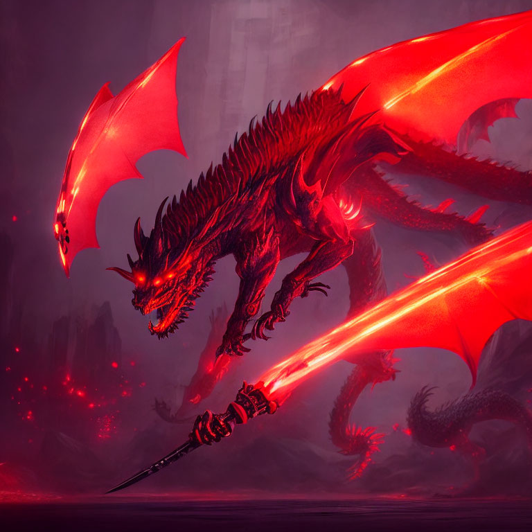 Red Dragon with Spear in Ominous Landscape