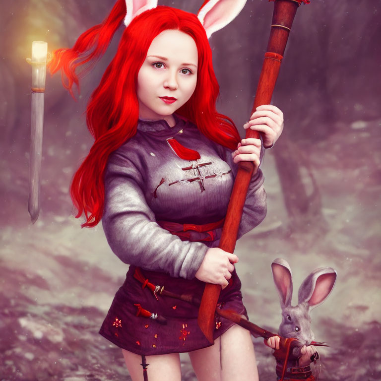 Red-haired person with bunny ears in foggy woodland with torch and staff