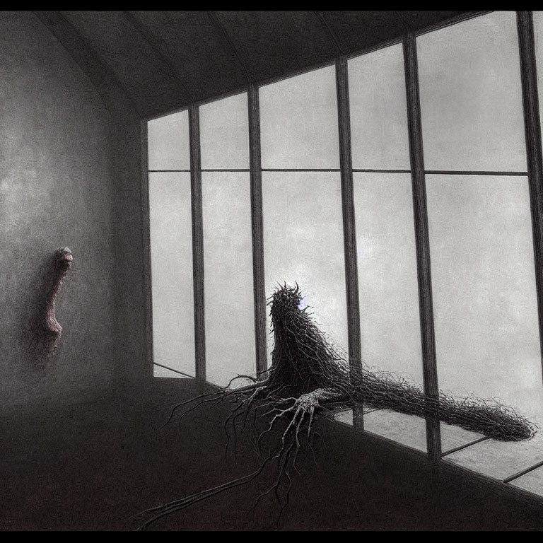 Monochromatic wire-like creature in room with window, peering at another.