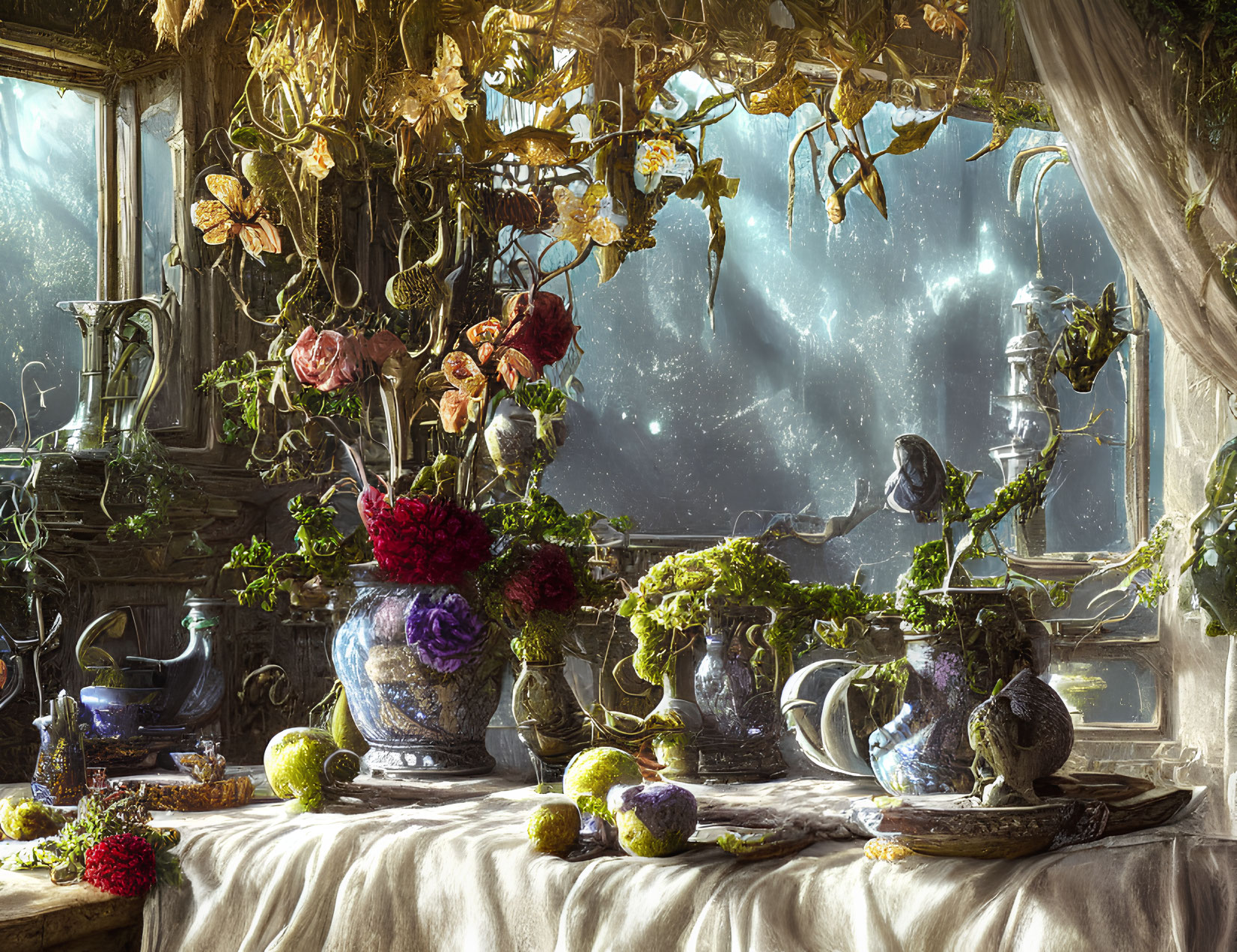 Captivating Still Life with Plants, Pottery, and Starry Sky View