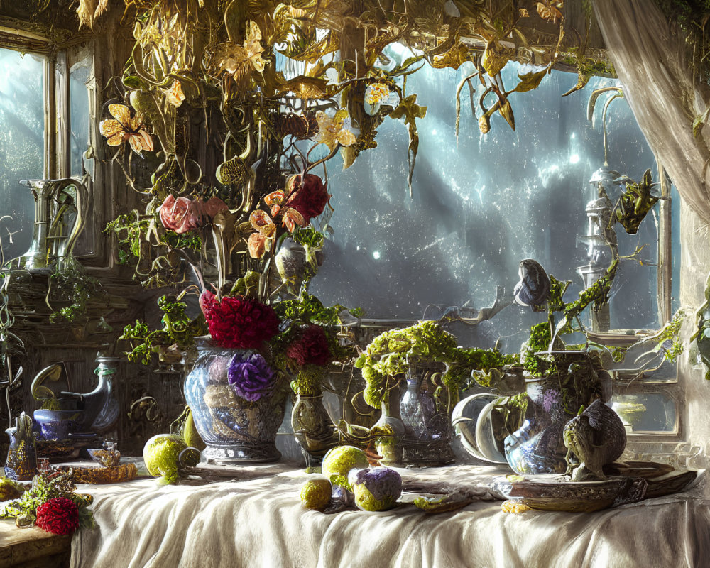 Captivating Still Life with Plants, Pottery, and Starry Sky View