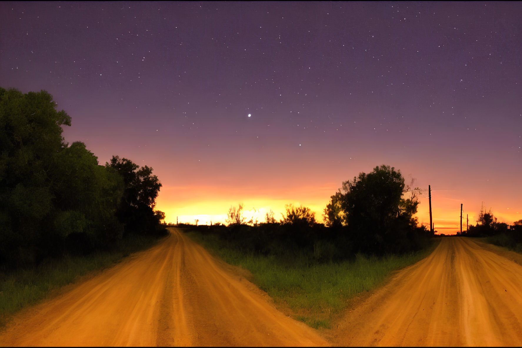 Twilight dirt road under starry sky and orange dusk horizon