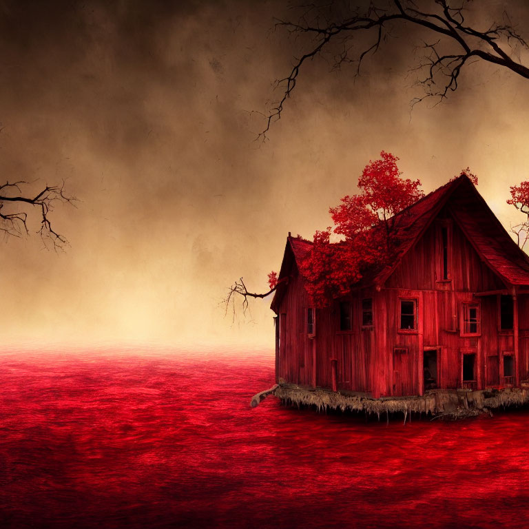 Solitary Red Wooden House on Stilts in Crimson Field with Bare Tree