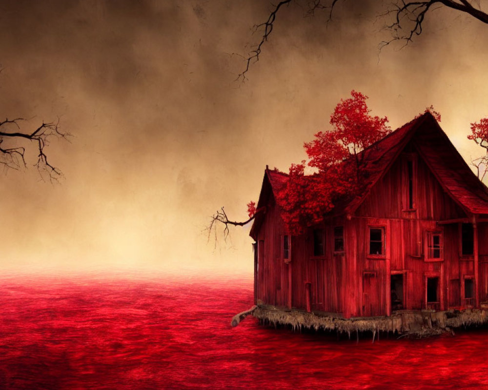 Solitary Red Wooden House on Stilts in Crimson Field with Bare Tree